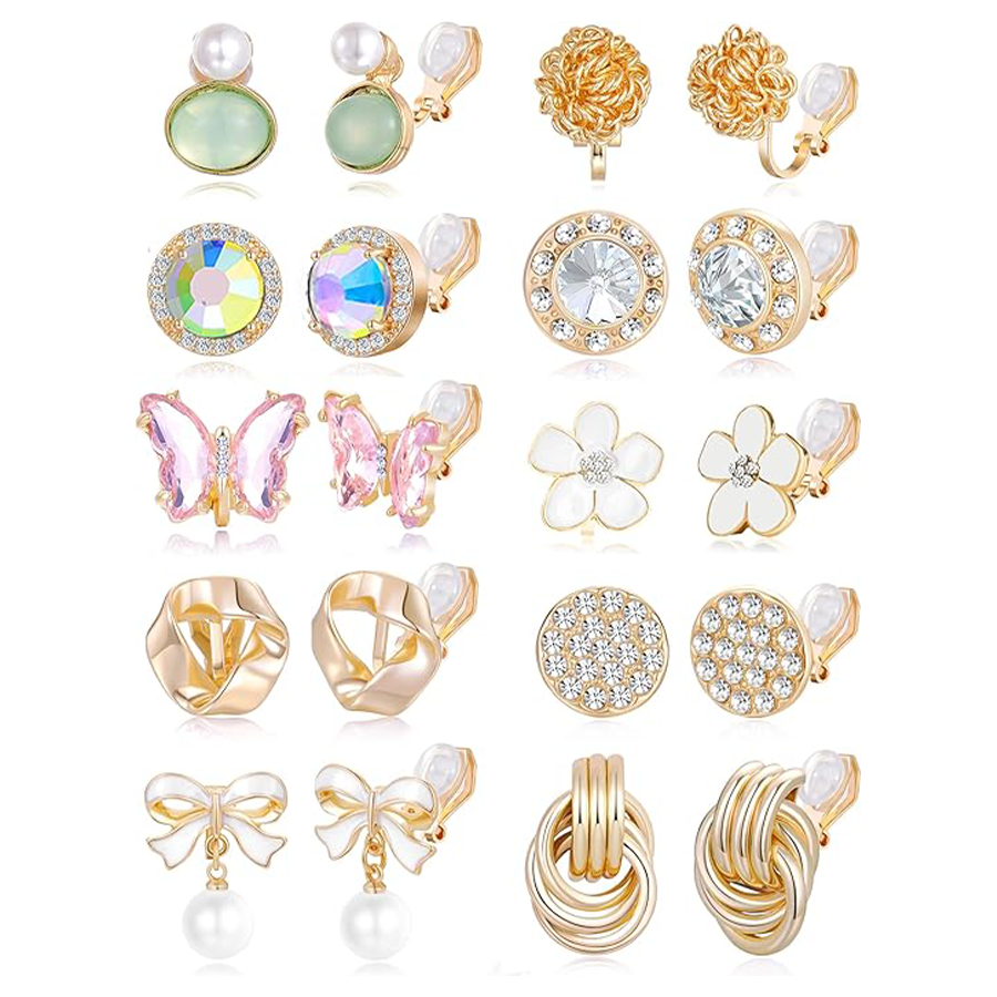 10Pairs Clip on Stud Earrings Non Pierced Round CZ Pearl Twist Knot Flower Butterfly Heart Rainbow Opal Clip on Earrings for Women Gold Tone