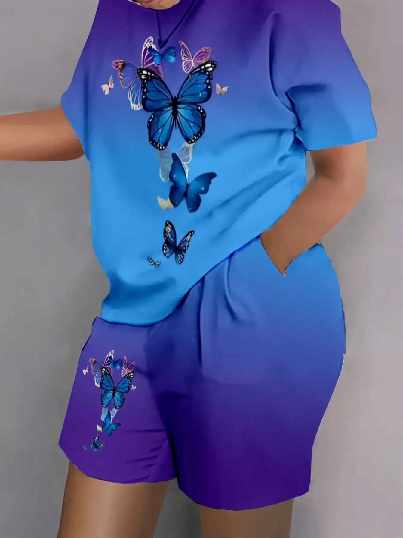 Plus Size 1XL5XL Women Casual Colorful Abstract Print Pajama Set Short Sleeve Round Neck TShirt Shorts Summer Loungewear 250729