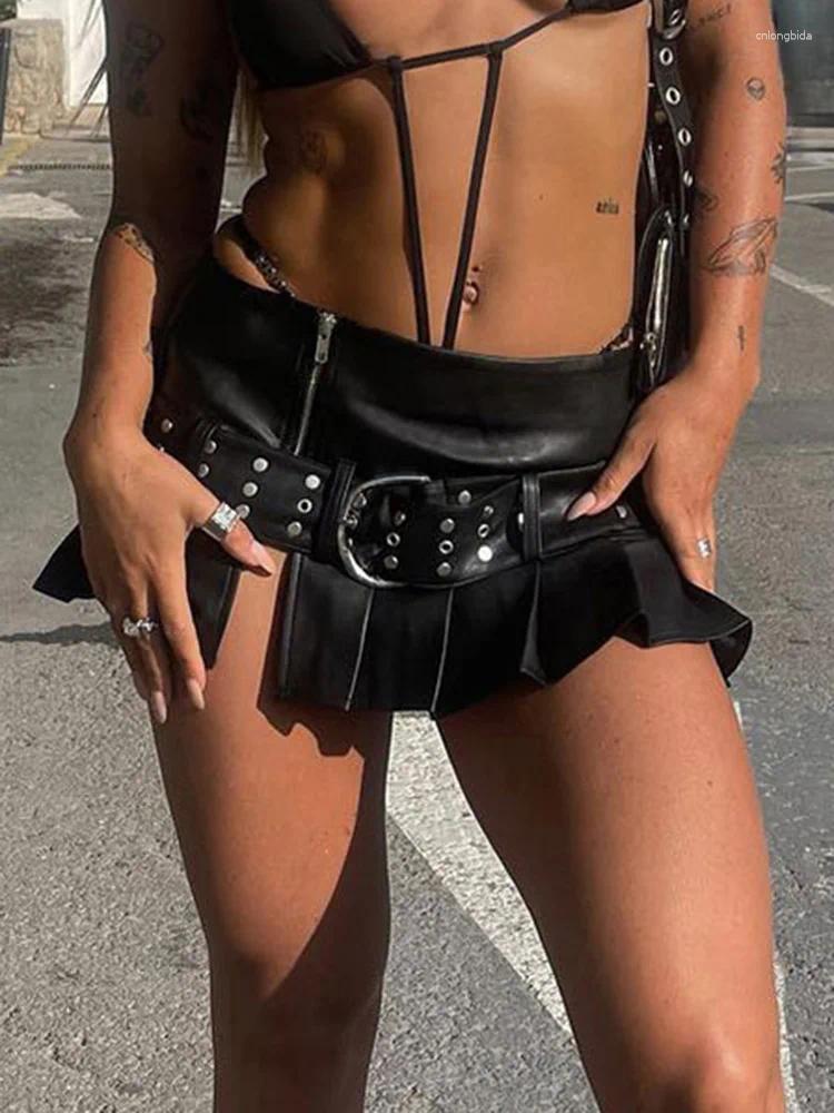 Skirts Weekeep Punk Slit Mini Leather Skirt With Belt Summer - view 3