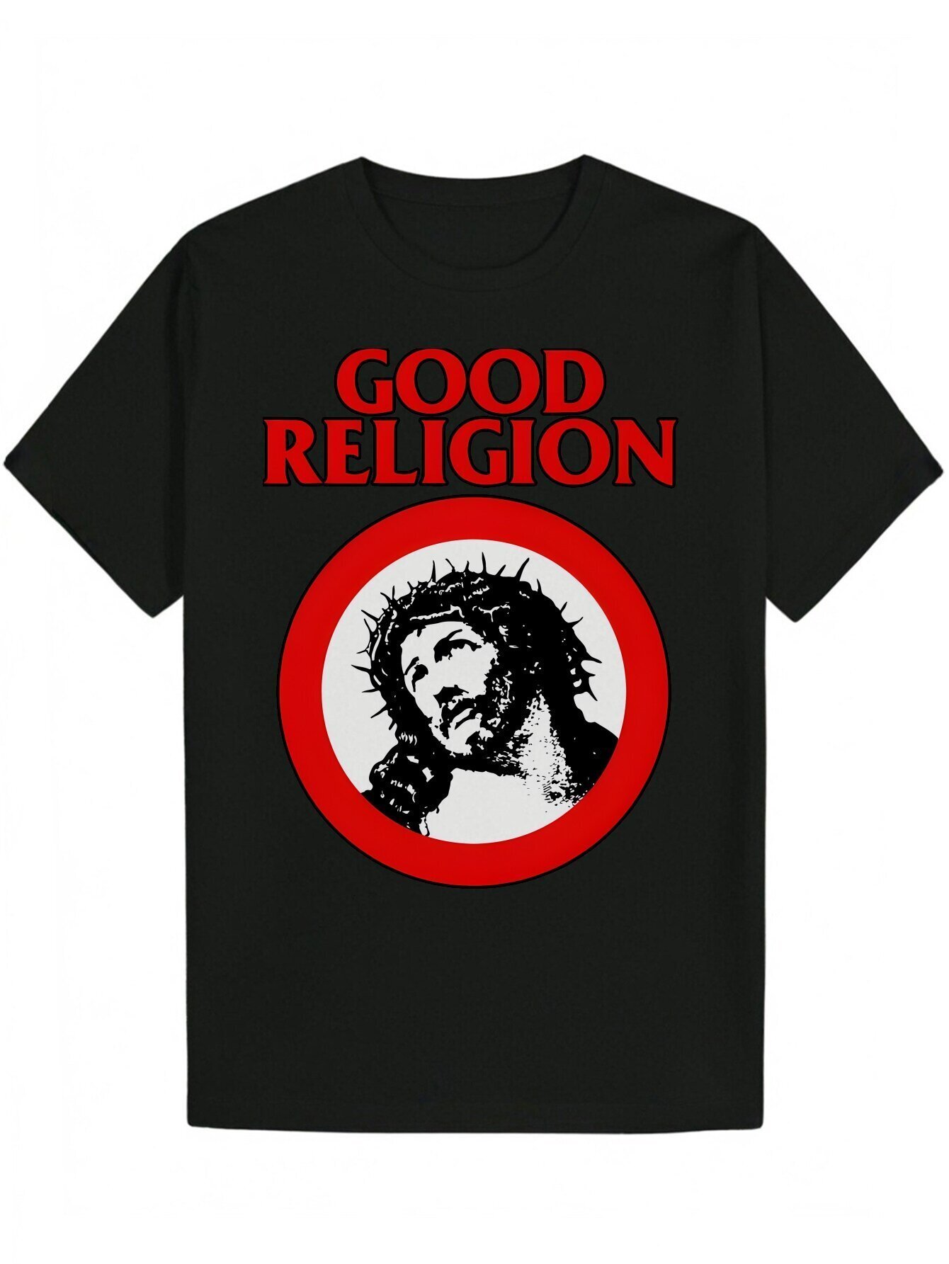 Men's Summer Casual - 'GOOD RELIGION' Jesus Portrait Pattern, Black Polyester Crew Neck T-Shirt with Red Trim, Machine Washable