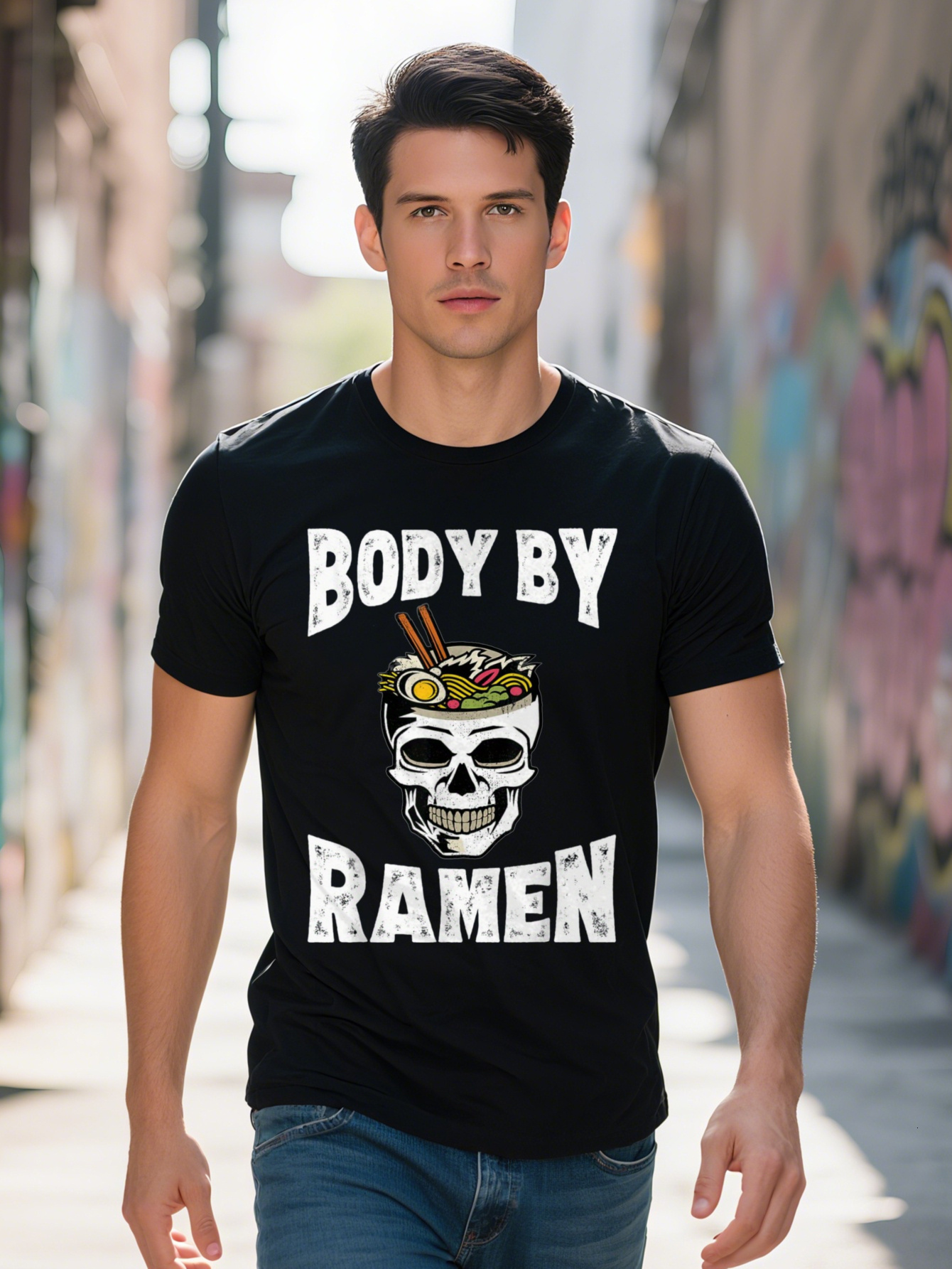 Men's 100% Cotton - Body By Ramen Japanese Pattern T-Shirt, Noodle and Skull Design, 220g Soft Casual Short Sleeve Shirt, T-Shirt