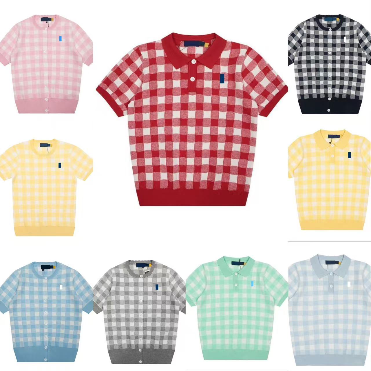 Designer womens T Shirts Woman polo shirt horse Knitting Vintage Graphic tee candy color Sweater check embroidery knitting short-sleeved fitting cardigan size