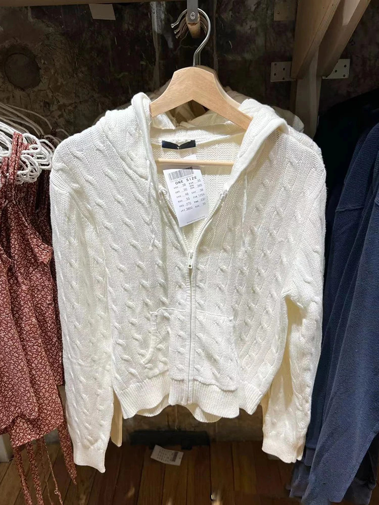 Solid Twist Knitted Hooded Cardigan Women Autumn Casual Cotton Ribbed Trim Zipup Sweater Vintage Streetwear Cropped Tops Coat 250731