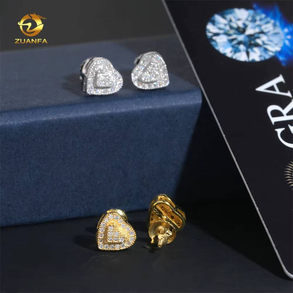 Hip Hop Style Heart Stud Iced Out GRA Certified Moissanite Diamond 925 Sterling Silver Earrings