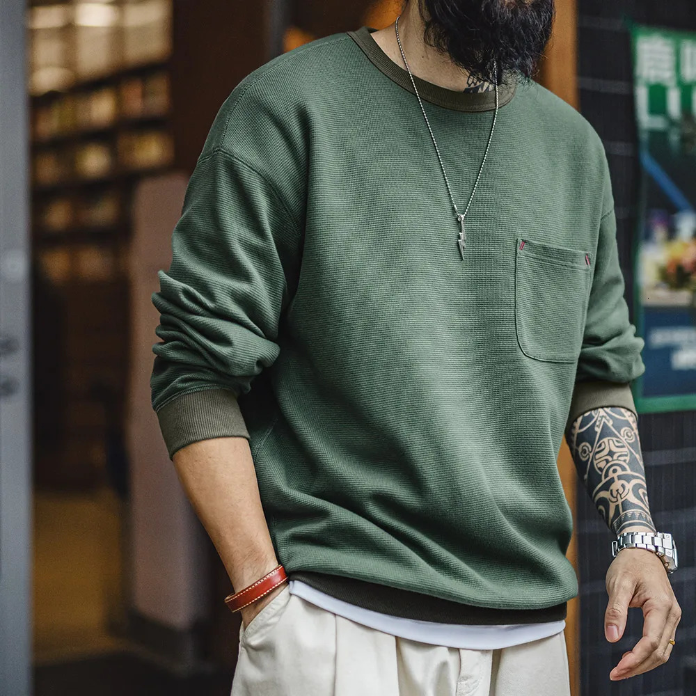 Maden Casual Waffle Knit Pocket Hoodie Mens Spring Loose Fit Long Sleeve Pullover Round Neck Sweatshirt Comfortable TShirt 250729