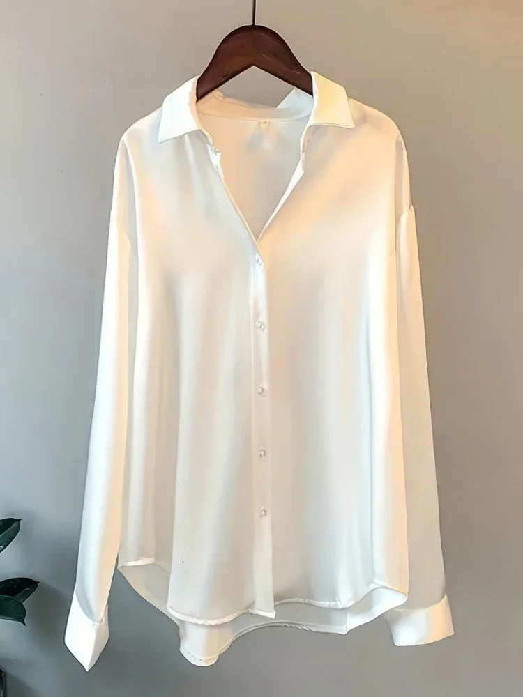 Plus Size Shirts Loose Casual Women Silk Fashion Long Sleeve ButtonDown Blouse Senior Female Elegant Solid Top Office Wear 250731