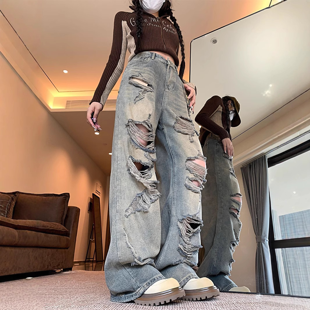 2025 Summer New Wilderness Style Ragged, niche fashion, retro beggar floor pants, designer jeans, designer pants, women's jeans