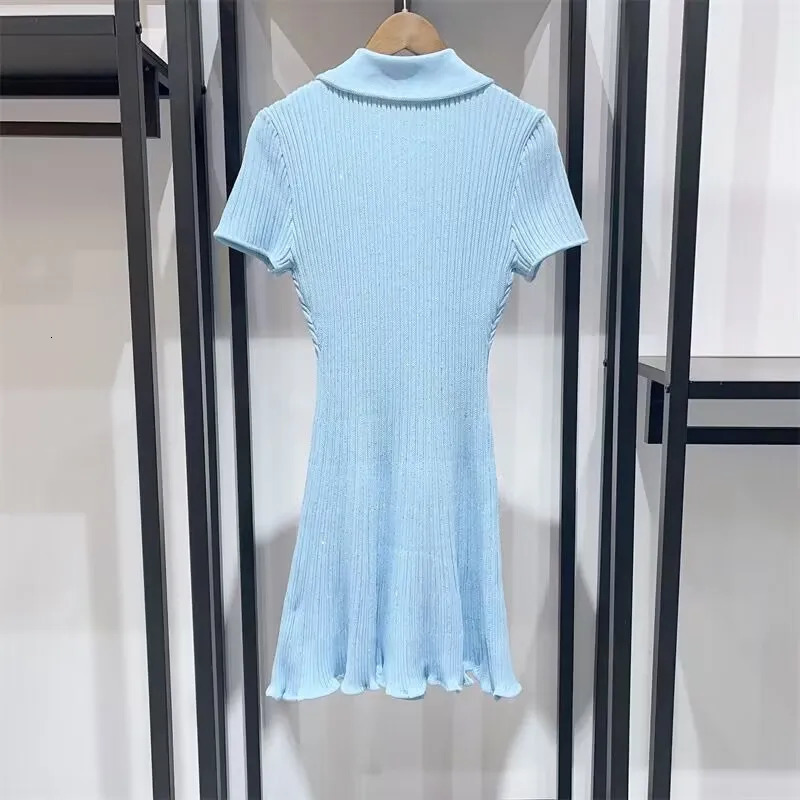 Spring Arrive Knitted Women Sequins Mini Dress Short Sleeve Turn Down Collor Ruffles Hem Lady 250731