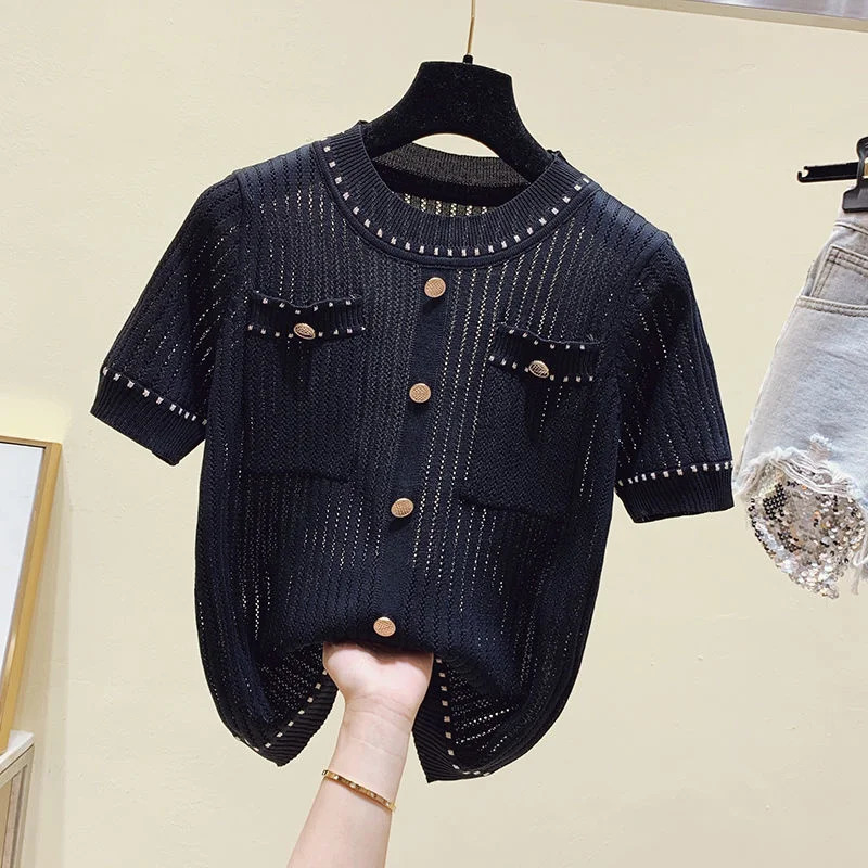 Summer Casual Button Thin Knitted T Shirt Women Hollow Out Tee Femme Tops Shirts Female Tshirt Woman Clothes White 250731