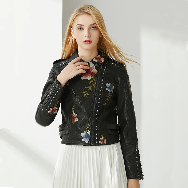 Fitaylor Spring Autumn Women Faux PU Leather Jacket Casual Lady Rivet Floral y 250731