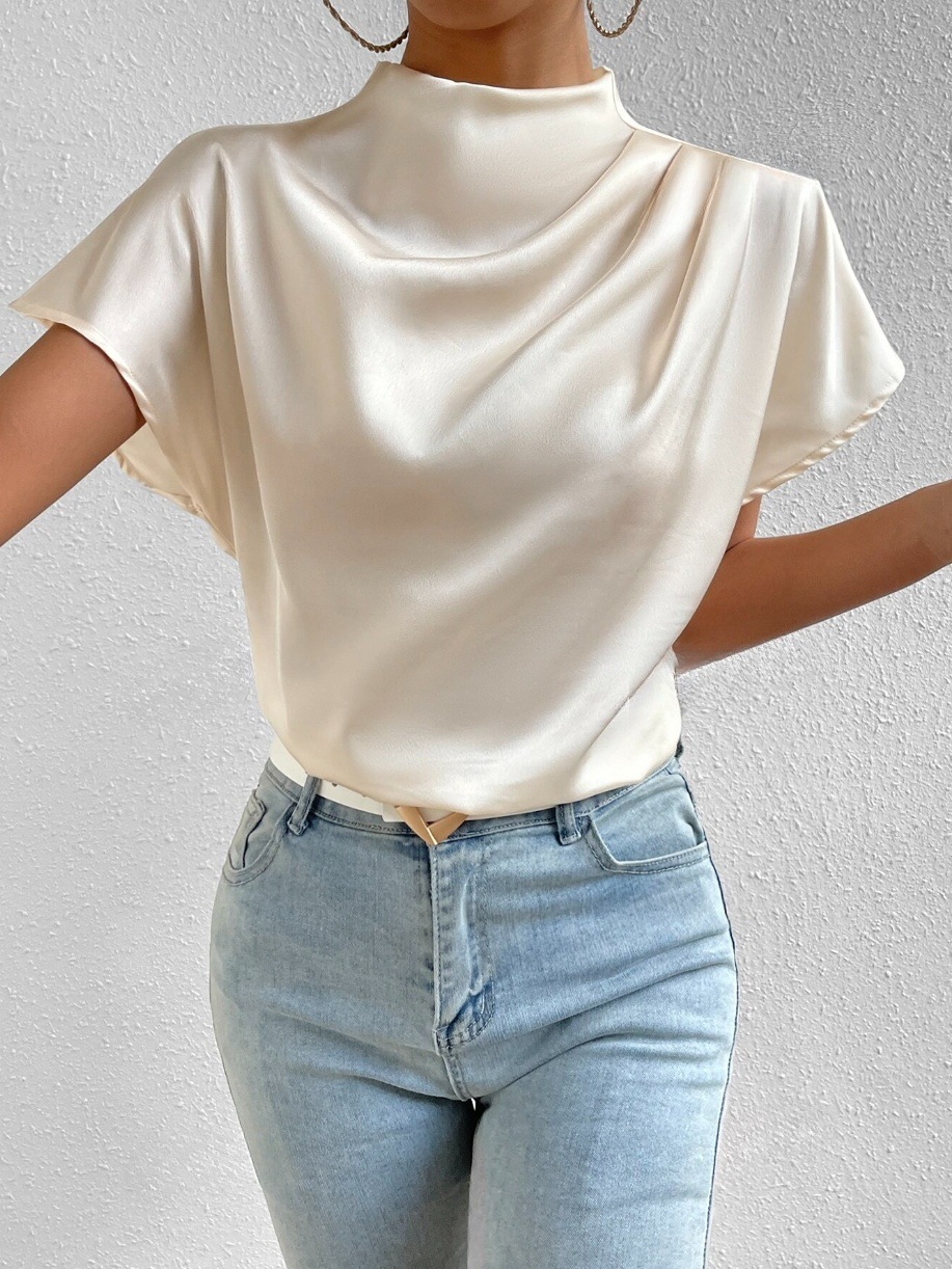 Luxury Women's T-Shirt 2025 New Women's Mini Turtleneck Chiffon Blouse - Flowy Batwing Short Sleeve Shirt | Versatile Spring Summer Fashion 