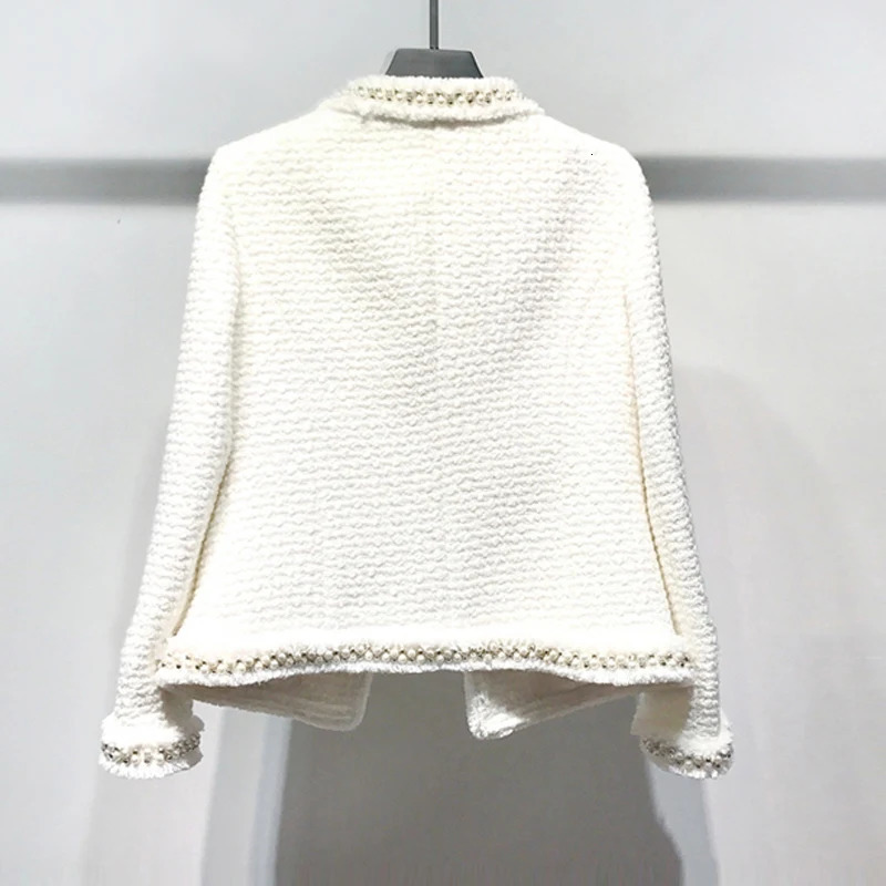 White tweed women jacket Handmade beads spring autumn winter woolen coat Wool classic Ladies 250731