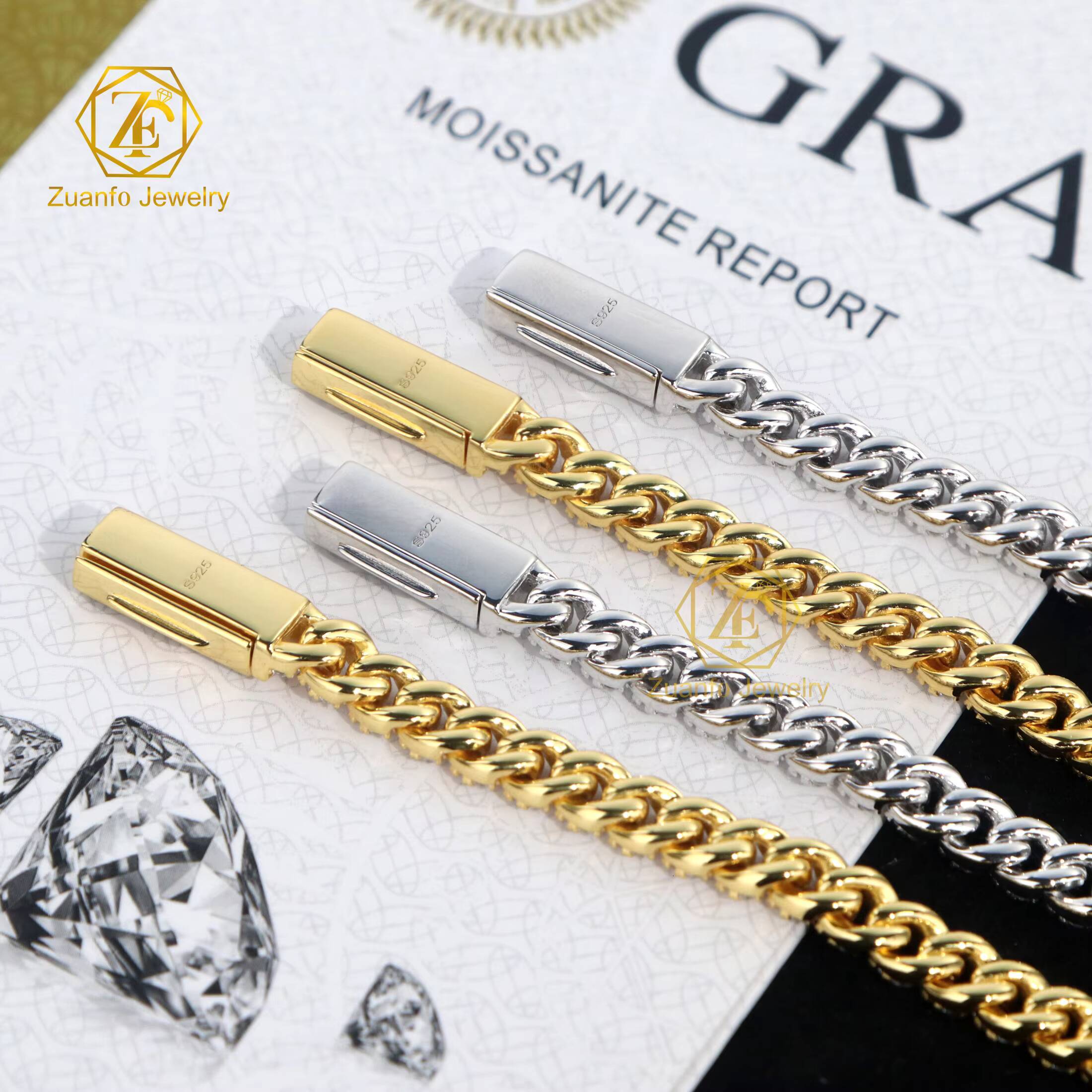 Classical Cuban Style 925S Moissanite Necklace Make in China Right Angled Trapezoid Ladder Shape with Small Diamond Chain