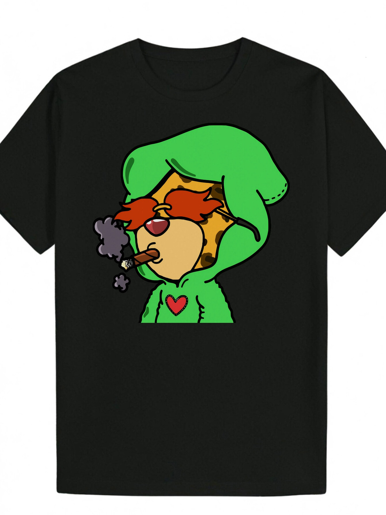 Men's T-Shirt, Green Hooded Character Design - Fiber, Round Neck, Loose Fit, Perfect for Wear, Summer Casual Wear Playful Pattern T-Shirt | Polye