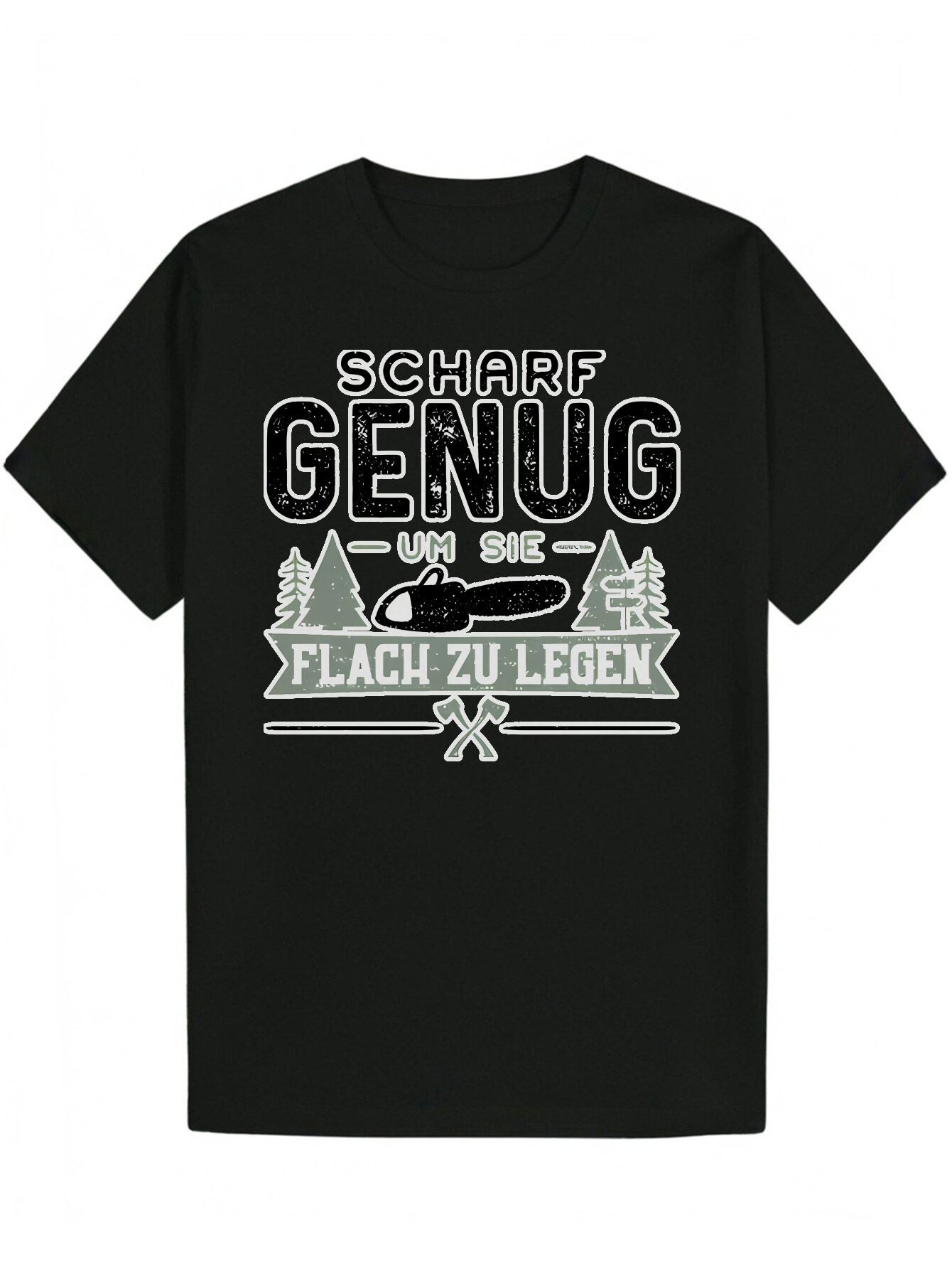 Men's Casual Round Neck Polyester T-Shirt 'Scharf Genug' Pattern Design, Black with White Letters, Perfect for Summer Wear