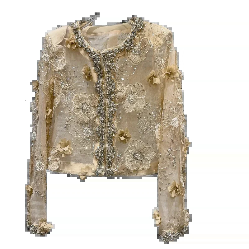 y Women 3D Flowers Mesh Spliced Pearls Beaded Coat Sun Protection Thin Floral y Sequins Gauze Jacket Cardigan Tops 250801