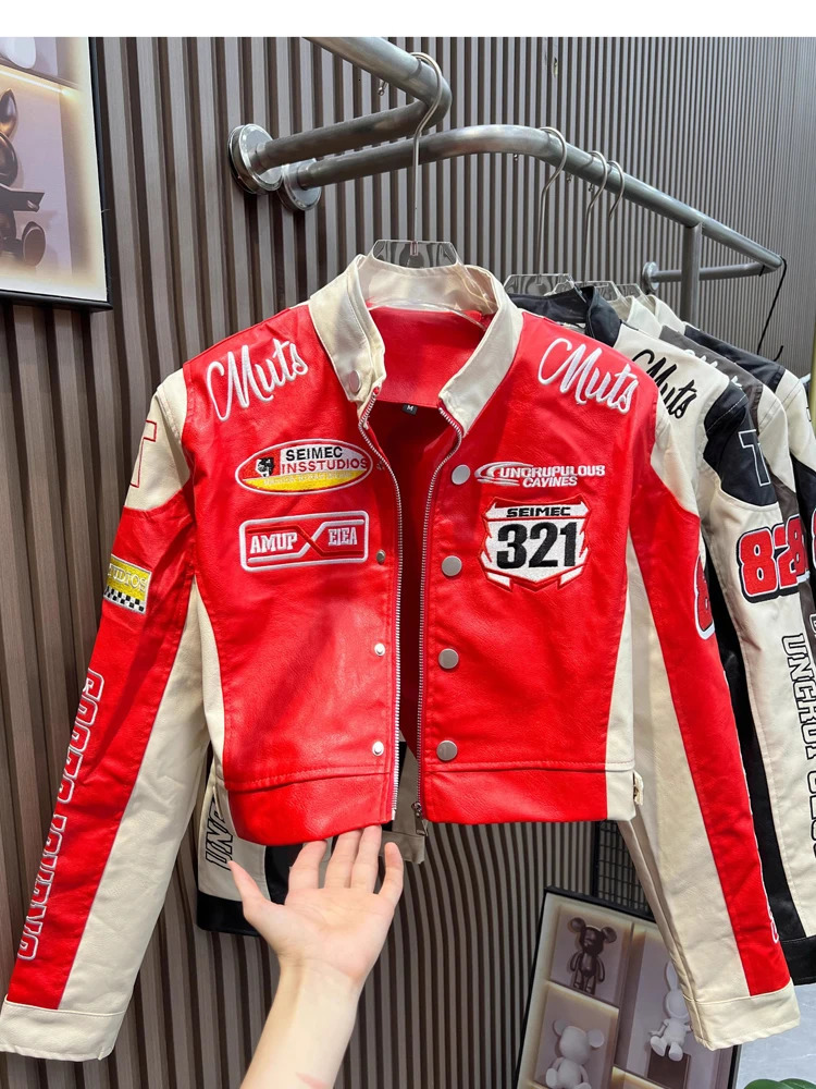 Retro y Motorcycle Cropped Varsity Jackets Women Spring PU Faux Leather Racing Baseball Short Coat Female Outwears 250731