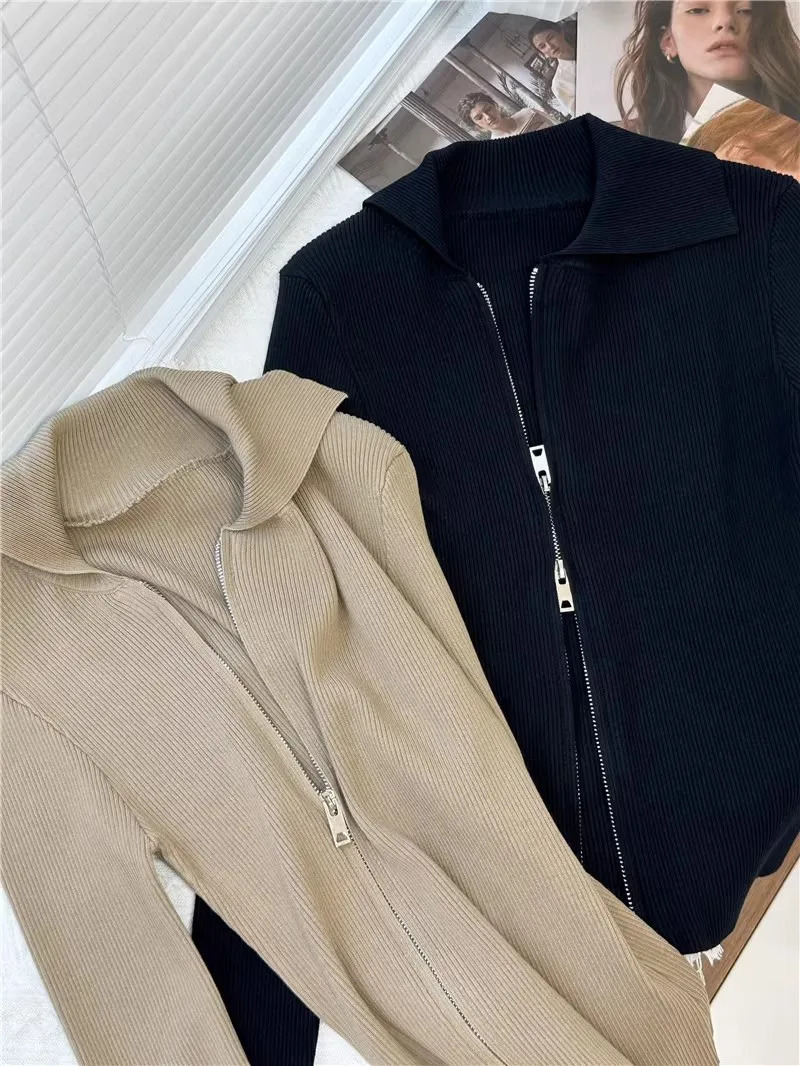 Spring Y2K Grunge Slim Knitted Sweater Cardigan Zipper Lapel Top Vintage High Strecth Jumper Clothes C243 250731