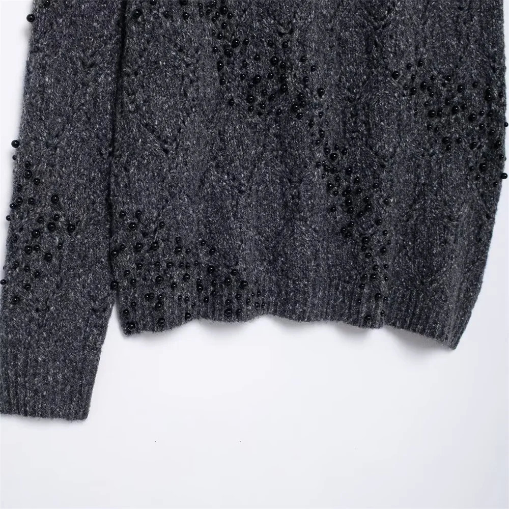 RARF Autumn European and American Style Asymmetric Sexy Off Shoulder Hollow Beaded Knitted Sweater 250731
