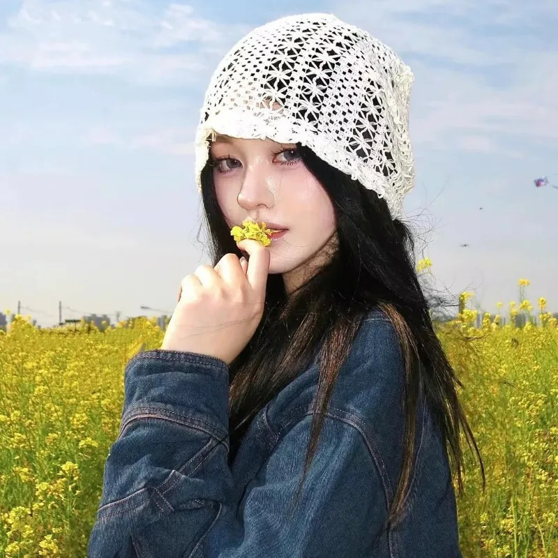 Japanese Mixed-color Mesh Hollow Crochet Sleeve Heap Hat Summer Y2K Niche Trend Big Head Skull Beanie Cap for Womens Gorras 250730