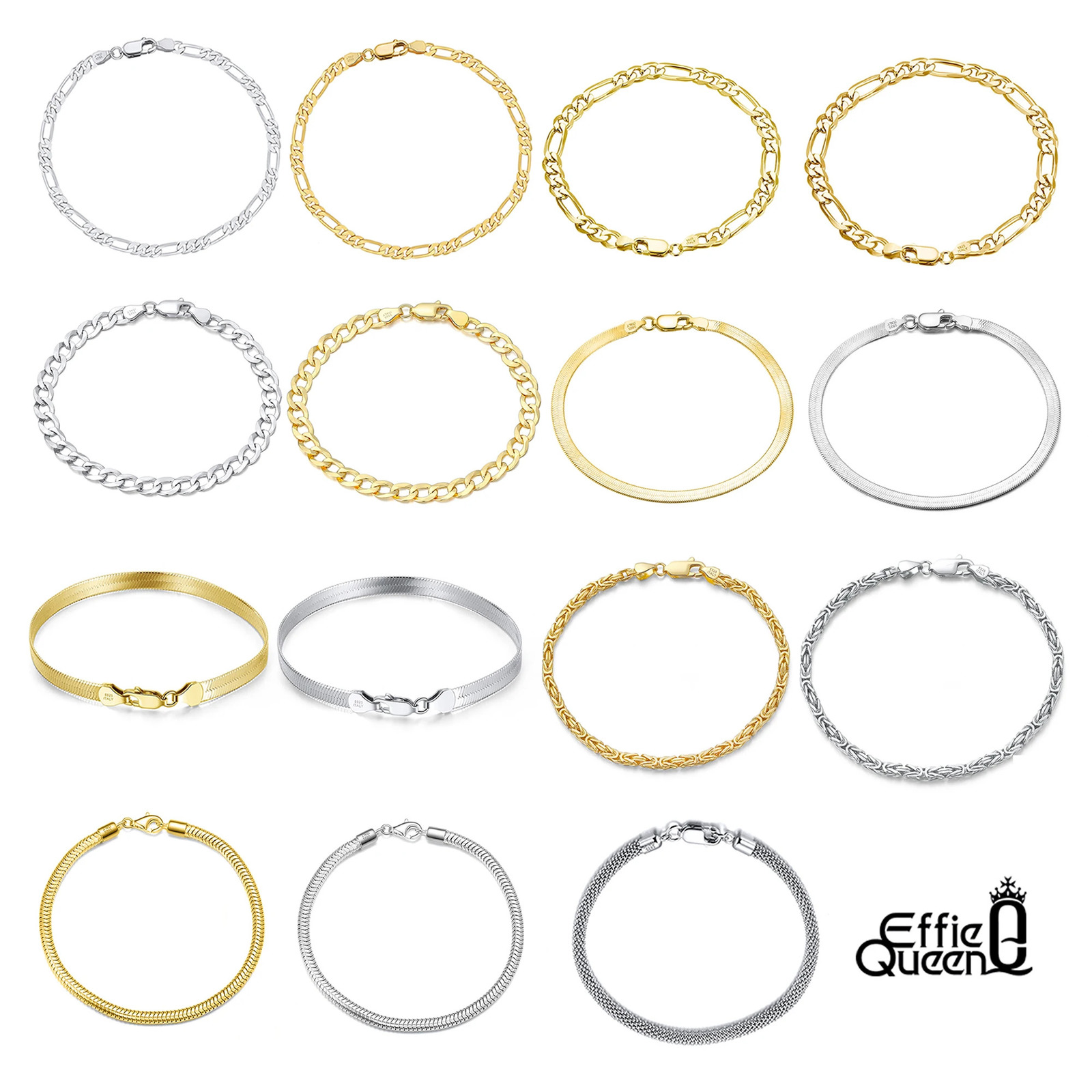 EFFIE QUEEN 14K Gold 925 Sterling Silver Diamond-Cut Figaro Round Snake Flexible Flat Link Chain Bracelet Unisex SB123 250814