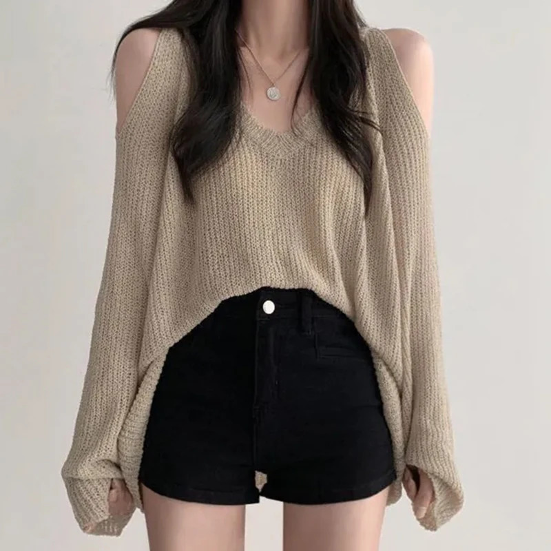 Women Sexy Hollow Out Sweater Off Shoulder VNeck Loose Knit Thin Jumpers Fashion Solid Streetwear Pullovers Long Sleeve Top Y2K 250731
