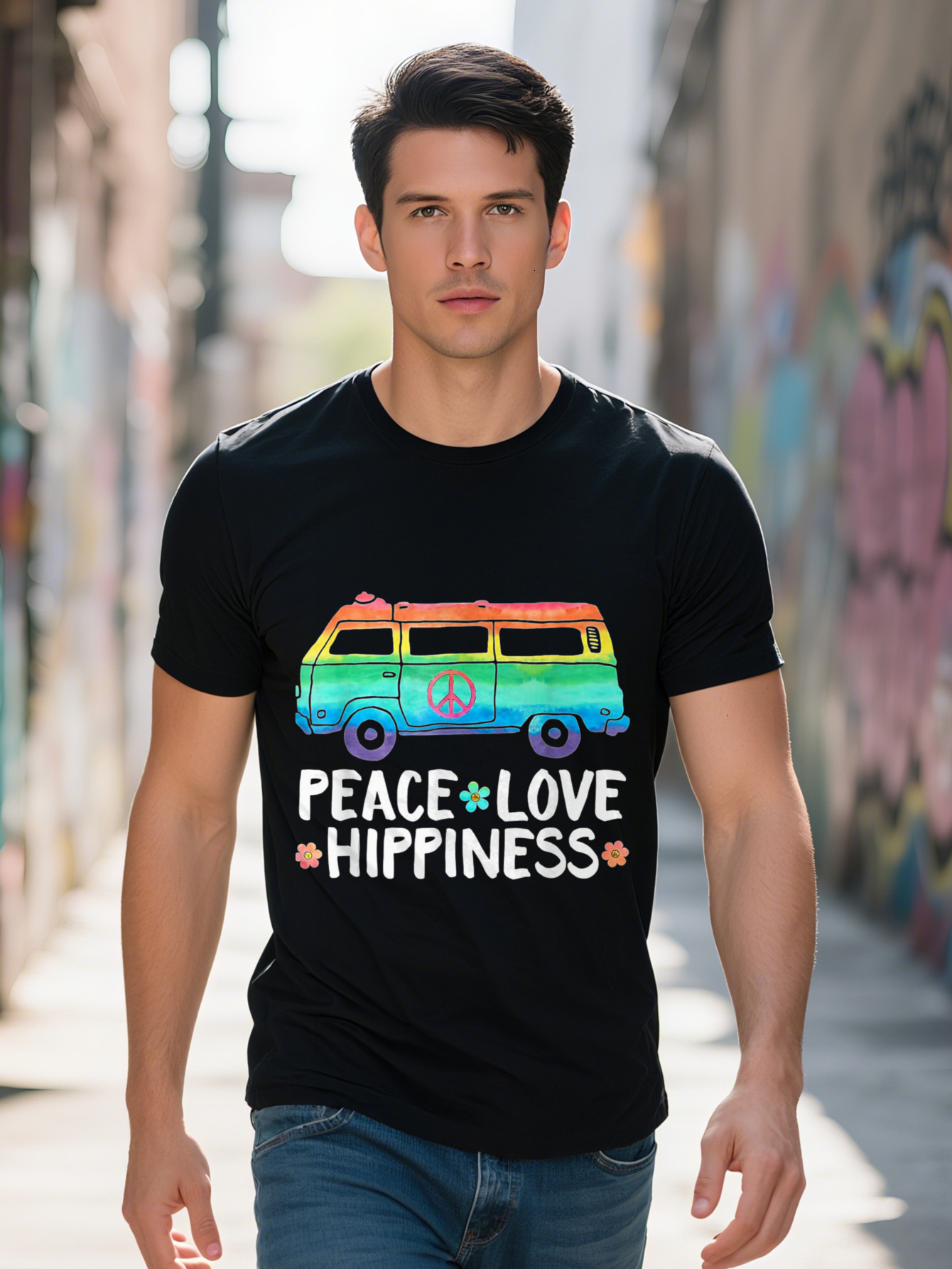 Love Hippie Rainbow Peace Symbol Flower T-Shirt - 220g