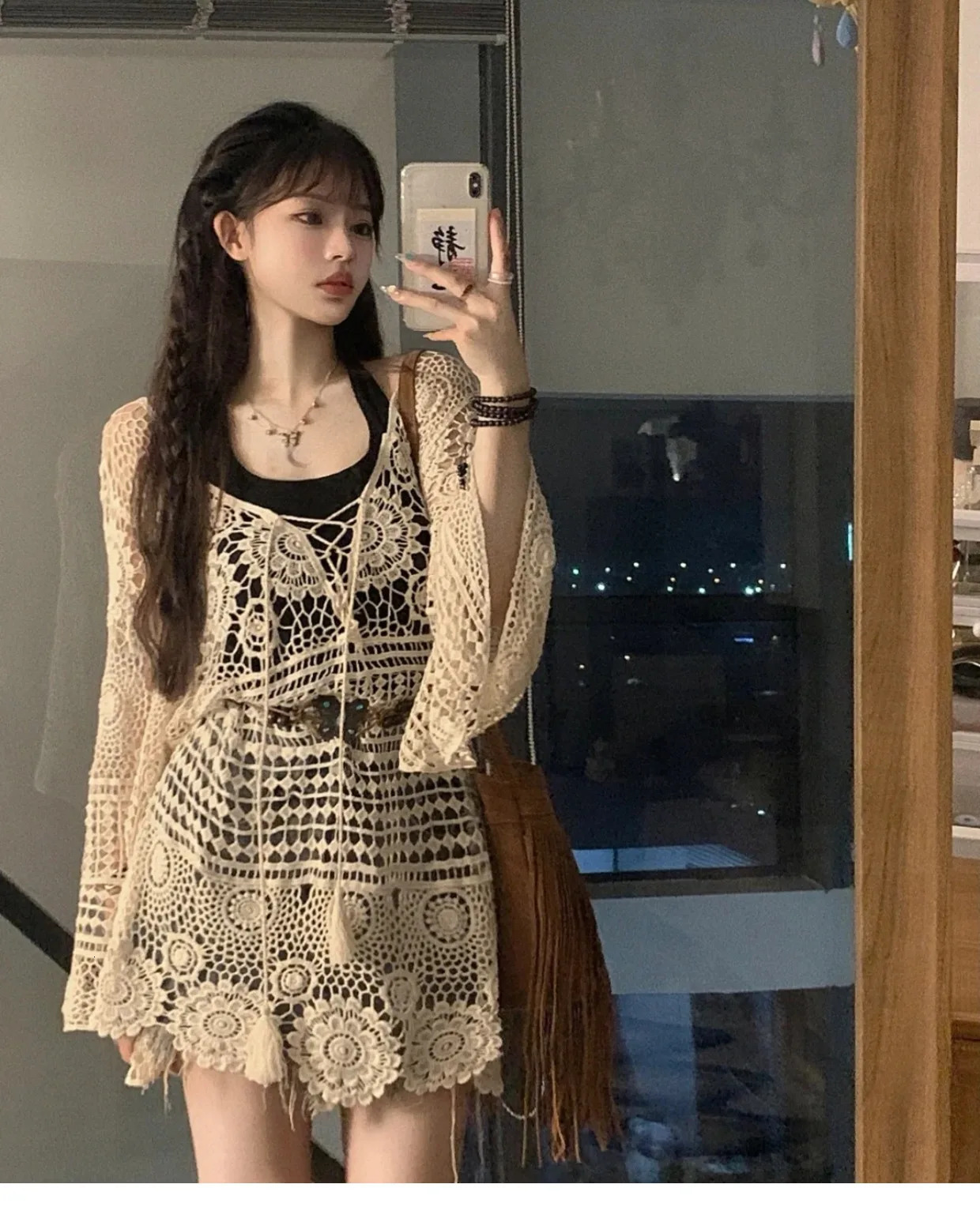 Crochet Tunic Top Boho Women Summer Beach Wear Lantern Sleeve Tassel VNeck Open Knit 250731