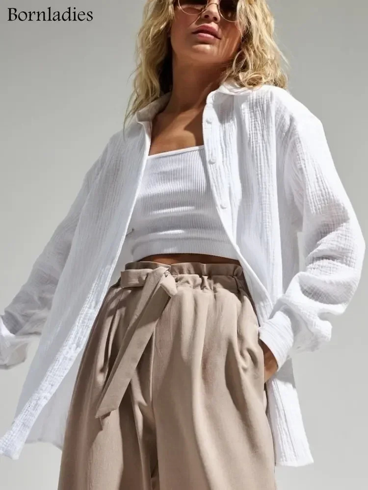 Bornladies Womens Spring Summer 100% Cotton Shirts Office Lady Fashionable Solid Long Sleeve Loose Tops Crepe 250731