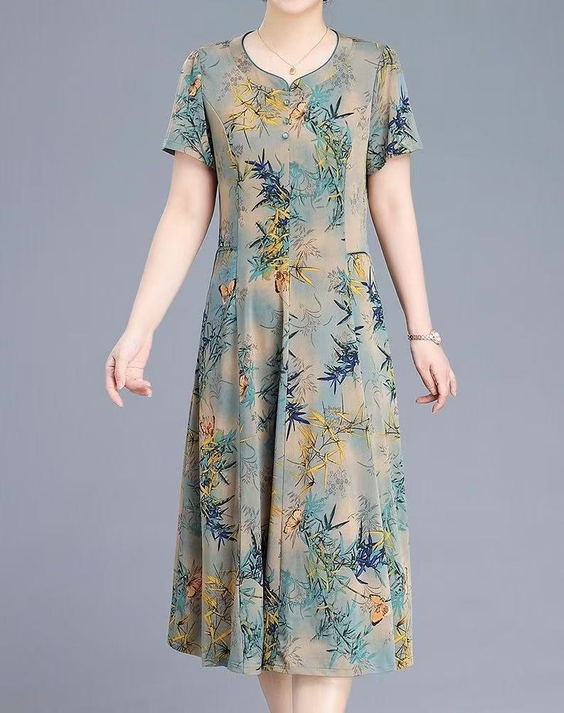 plus size women's new long sleeve high waist printed banquet dress mid-length skirt D02437