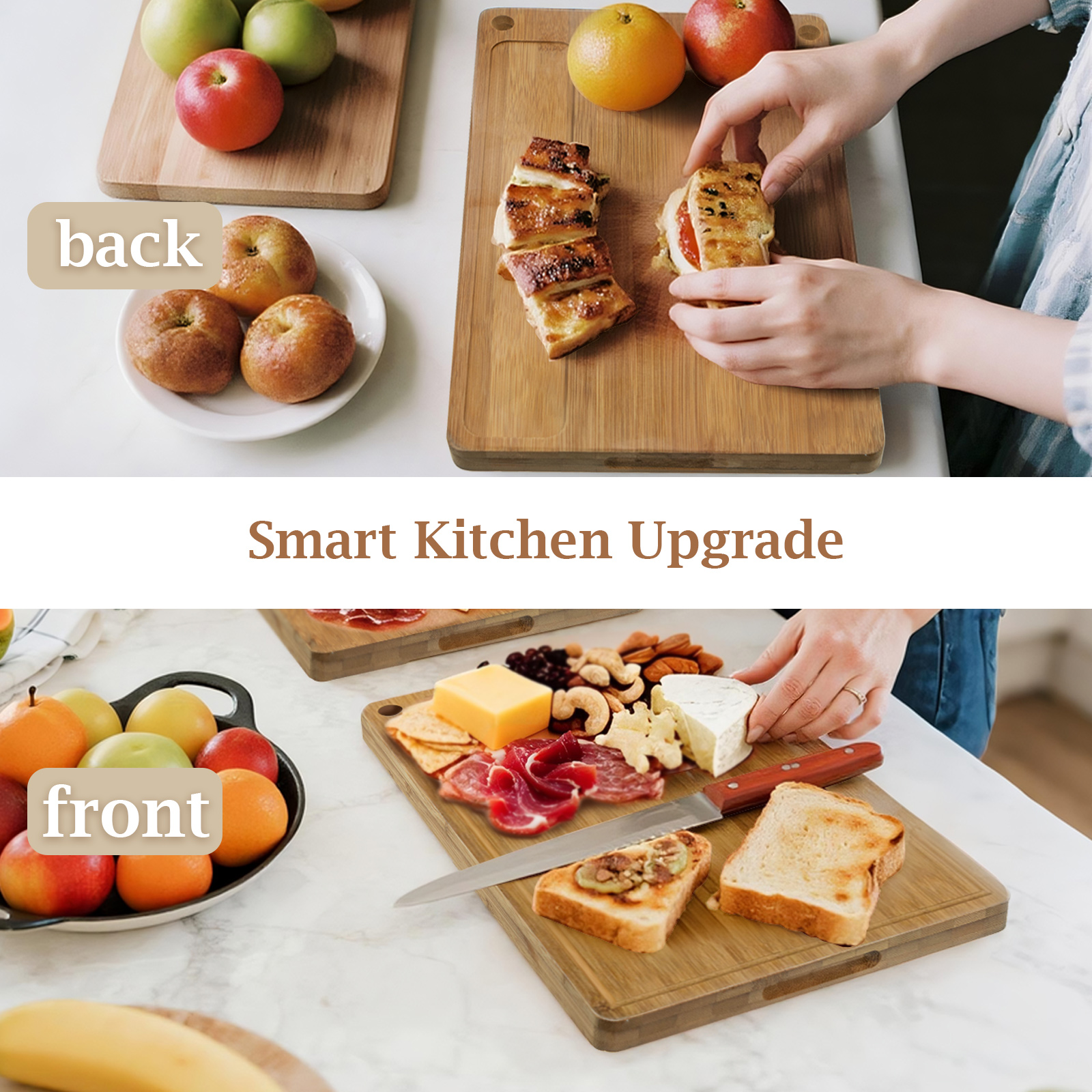 3-Piece Bamboo Cutting Board Set - Reversible with Juice Groove, Non-Slip Pads - for Meat, Vegetables, Cheese - Pre-Oiled Natural Wood - Kitchen Gift