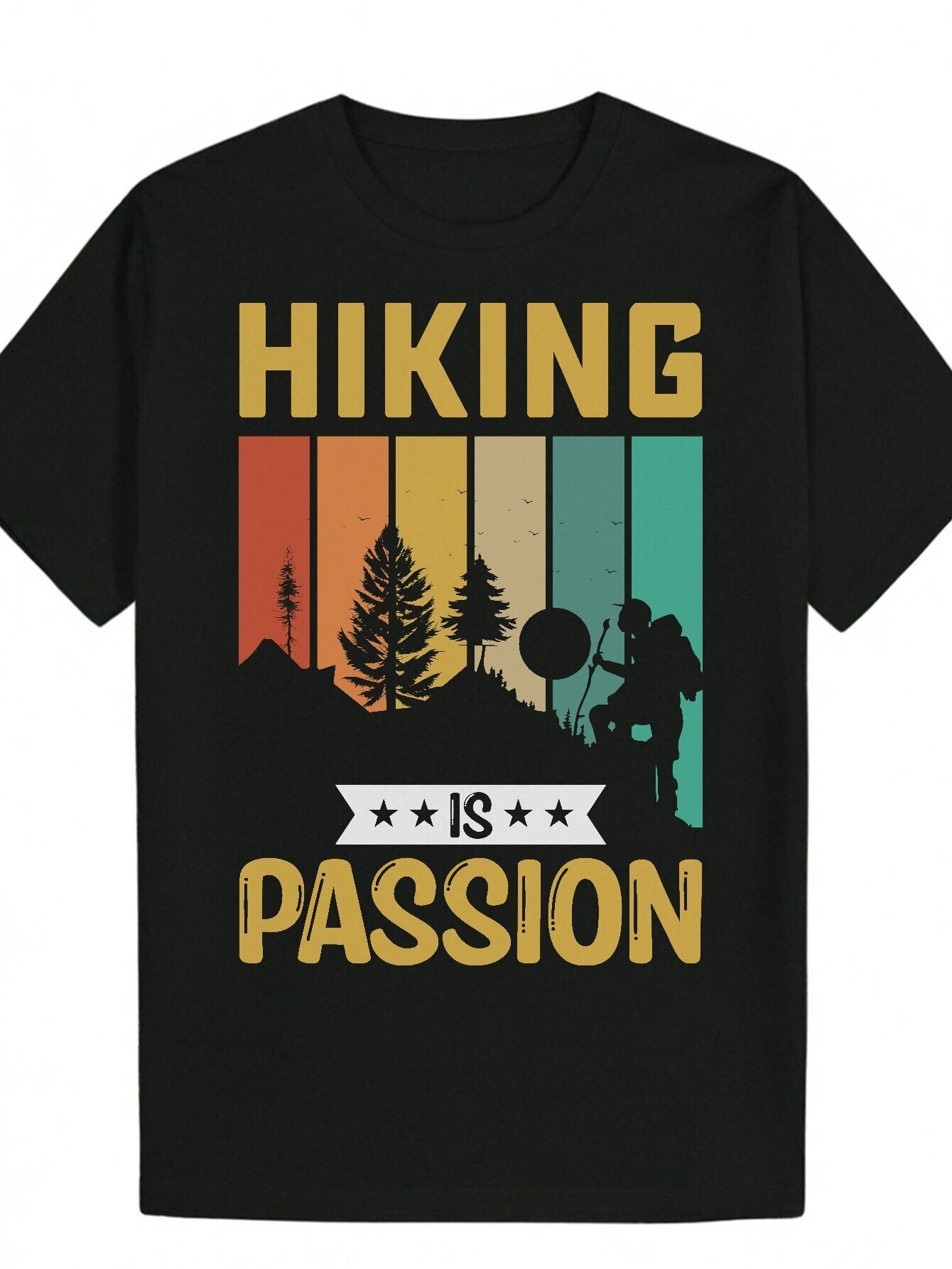 Men's Summer Casual Pattern T-Shirt - Round Neck, Polyester Fiber, "Hiking is Passion" Design, Featuring Mountain Forest Silhouettes, M