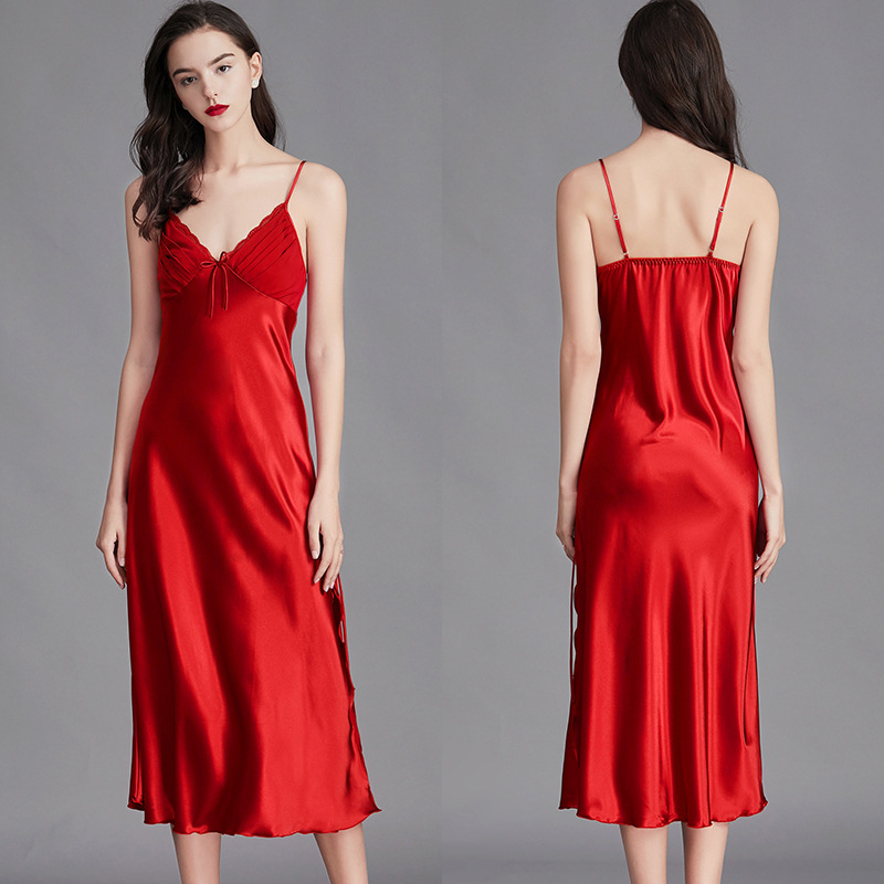 Outfits For Woman Women's Summer Sling Pajamas Ice Silk Sexy Split Long Nightgown with Bow Homewear
