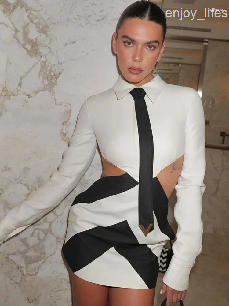 Runway Dresses Women Sexy Hollow Out Short White Black Patchwork Dress Bodycon Chic Designer Party Night Club Birthday Celebrity Prom Gowns