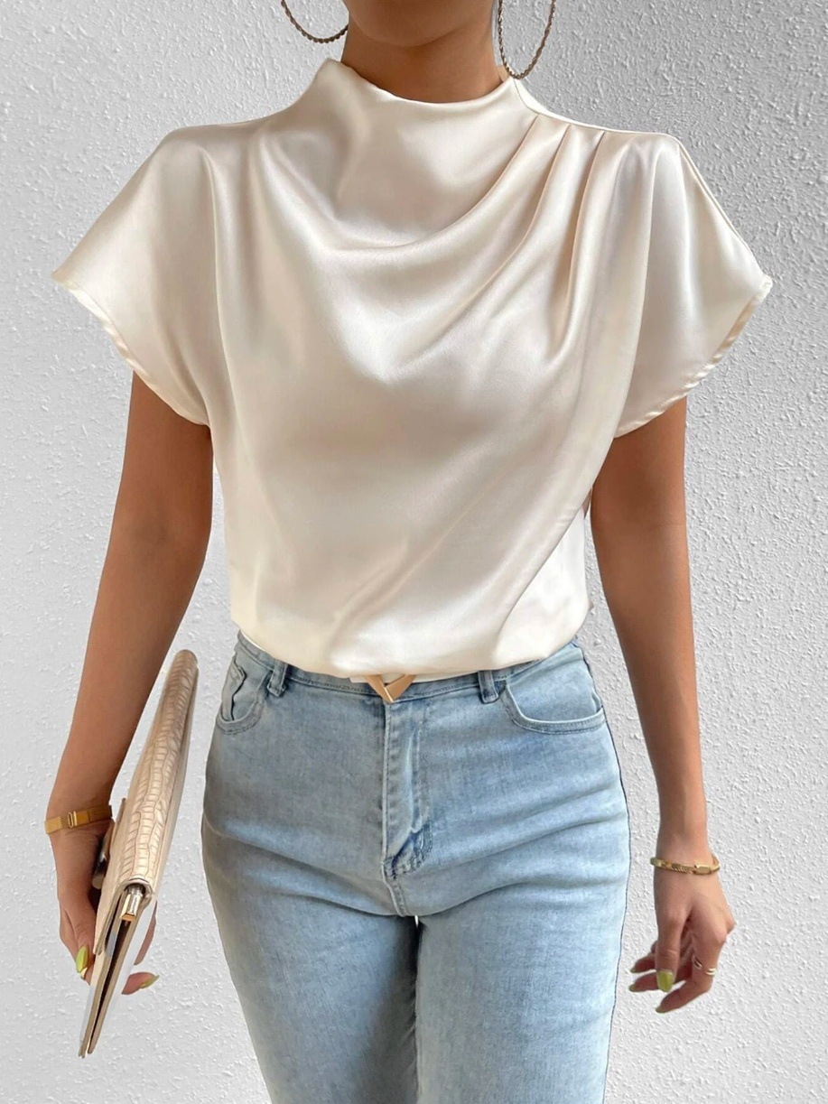 Luxury Women's T-Shirt 2025 New Women's Mini Turtleneck Chiffon Blouse - Flowy Batwing Short Sleeve Shirt | Versatile Spring Summer Fashion 