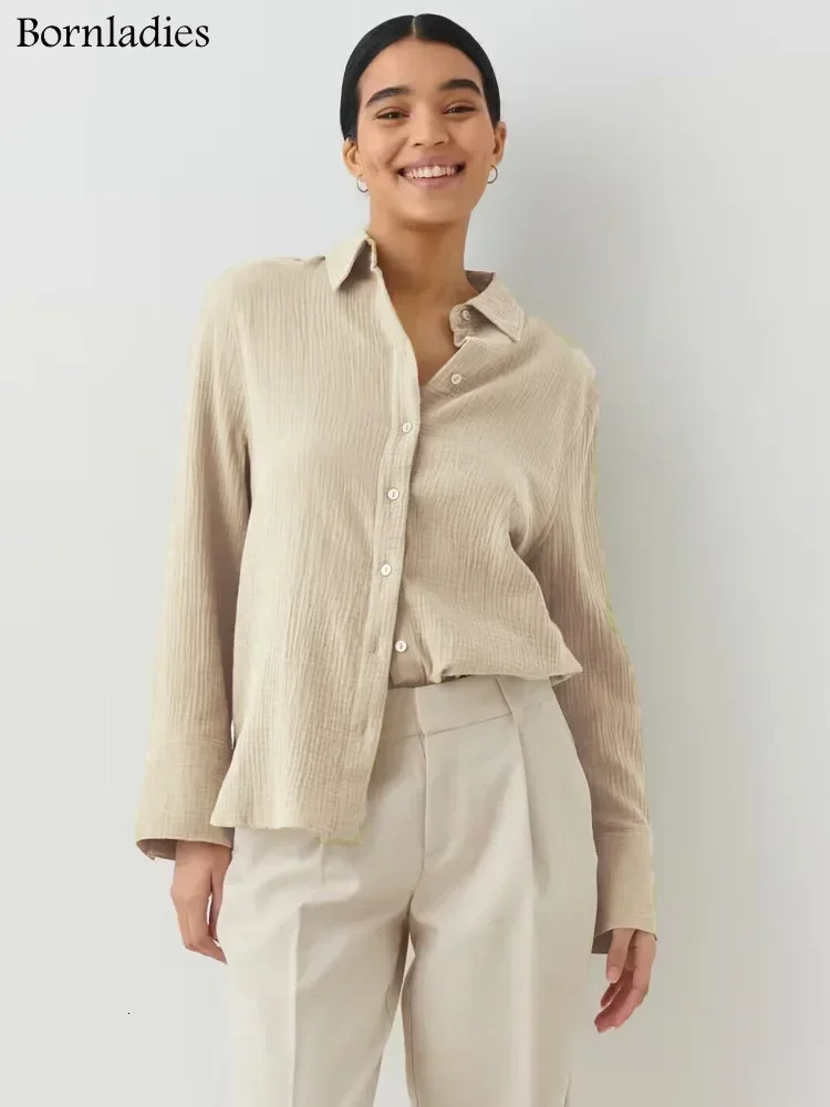 Bornladies Womens Spring Summer 100% Cotton Shirts Office Lady Fashionable Solid Long Sleeve Loose Tops Crepe 250731