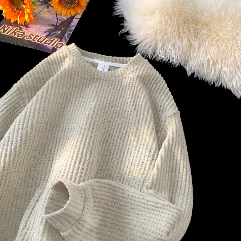 Basic Casual Waffle Long Sleeve Mens Oversized Lightweight Sweatshirt Breathable Loose Round Neck Unisex Clothing 250729