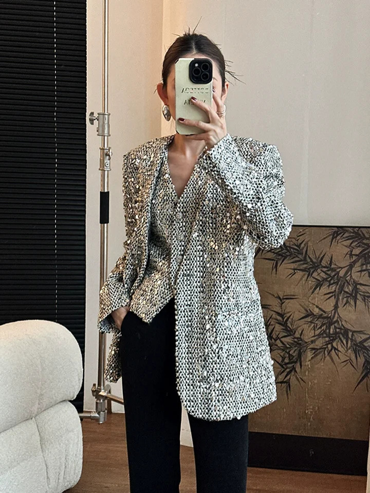ner Women Shiny Sequined Tweed Jacket Punk Style Stage Show Mid Long Blazer Suit Coat Loose Fit V Neck Party Outwear 250731