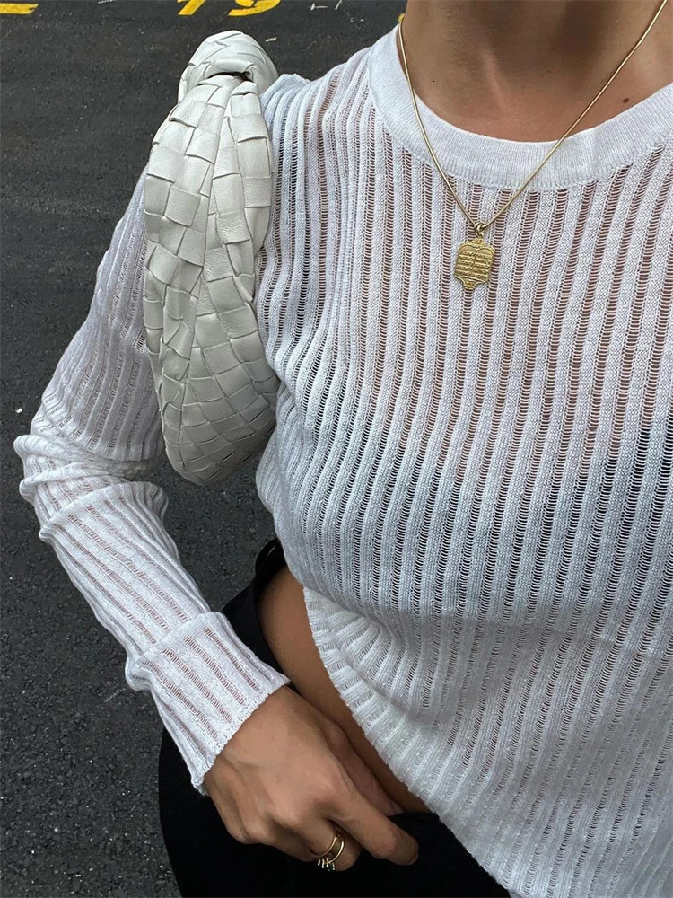 Tossy Ribbed SeeThrough Knit Pullover Female Hollow Out Slim Solid Long Sleeve Top Sheer Casual Knitwear Ladies Summer 250731