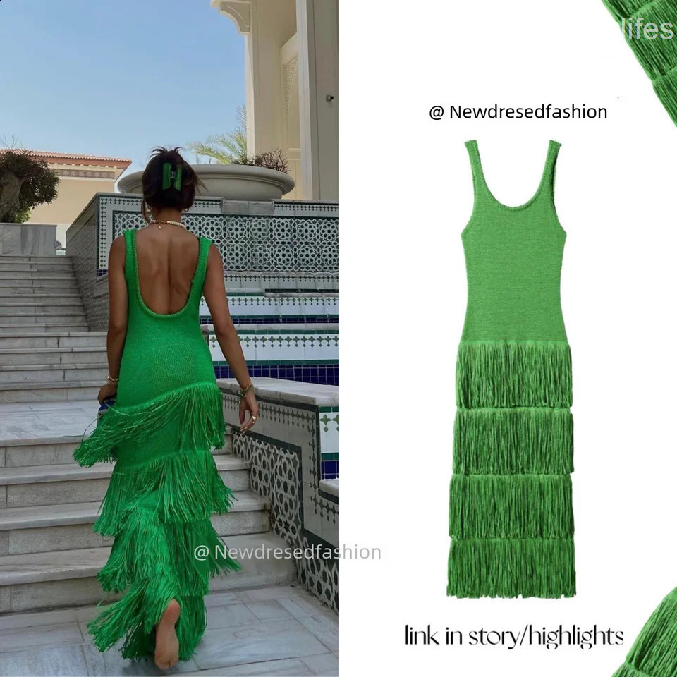 Summer Solid Color Knitted Fringed Tank Dress Sleeveless Womens Dresses Fashionable Elegant Ladies Party Dress