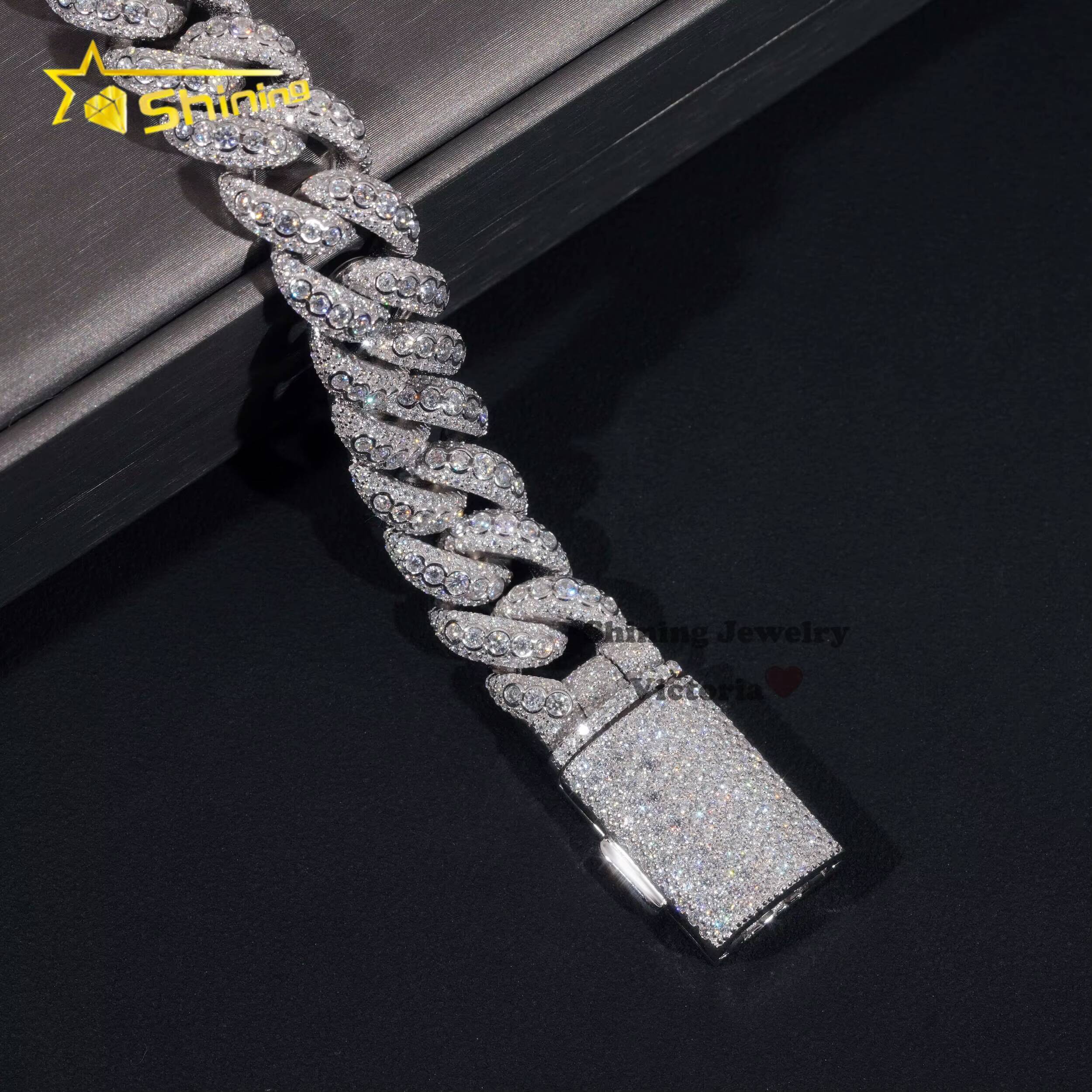 Iced Out Jewelry 15MM 925 Sterling Silver GRA Certificate Diamond Moissanite Cuban Link Chain Bezel Setting Cuban Bracelet