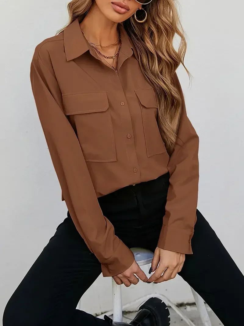 Plus Size 1Xl5XL Womens Fashion Blouse Solid Button Up Long Sleeve Turn Down Collar Pockets 250731