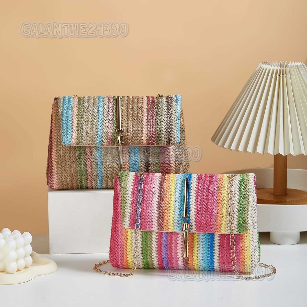 Colorful Striped Woven Bell Decoration Small Square Bag for Women New Chain Shoulder Crossbody Underarm Bag H250801