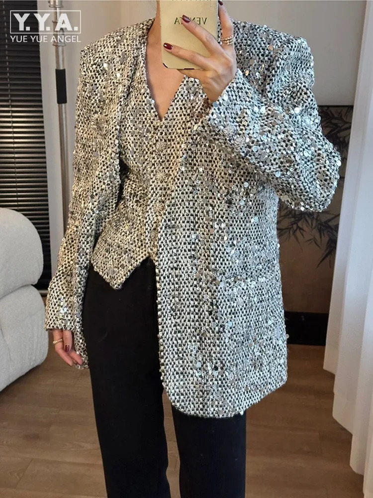 ner Women Shiny Sequined Tweed Jacket Punk Style Stage Show Mid Long Blazer Suit Coat Loose Fit V Neck Party Outwear 250731