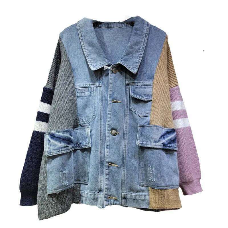 hoodie Fashion New Women's Patchwork Striped Knit Denim Coat Winter Long Sleeves Lapel Jacket Female 1LS521 jacket