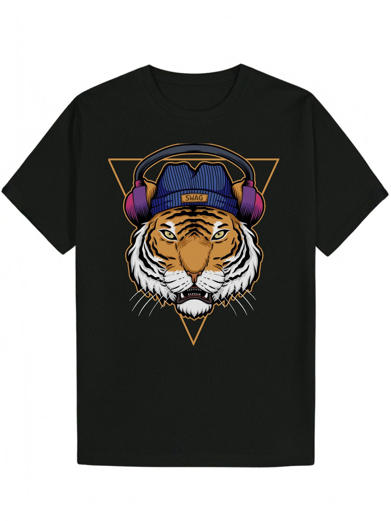 Men's T-Shirt - Tiger Headphone and Beanie Design, Black Polyester, Regular Fit, Machine Washable, Summer Casual Wear Pattern T-shirt | Comfortab