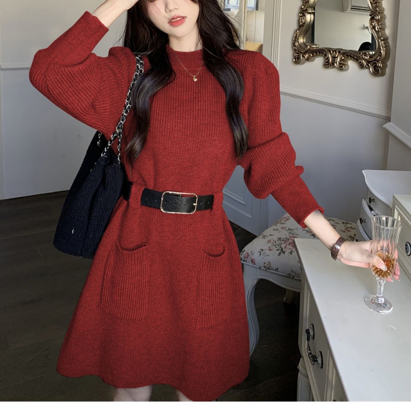 SLL14051 Simple French style petite sweater dress women's autumn and winter long sleeve loose knitted bottoming dress women