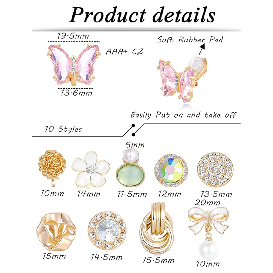 10Pairs Clip on Stud Earrings Non Pierced Round CZ Pearl Twist Knot Flower Butterfly Heart Rainbow Opal Clip on Earrings for Women Gold Tone