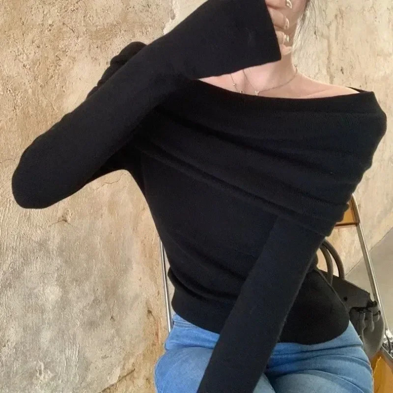 Slash Neck Sweater Off Shoulder Knitwear Jumper Korean Fashion Women Slim SexyY2k Autumn Winter Clothing Pink Black Apricot 250731