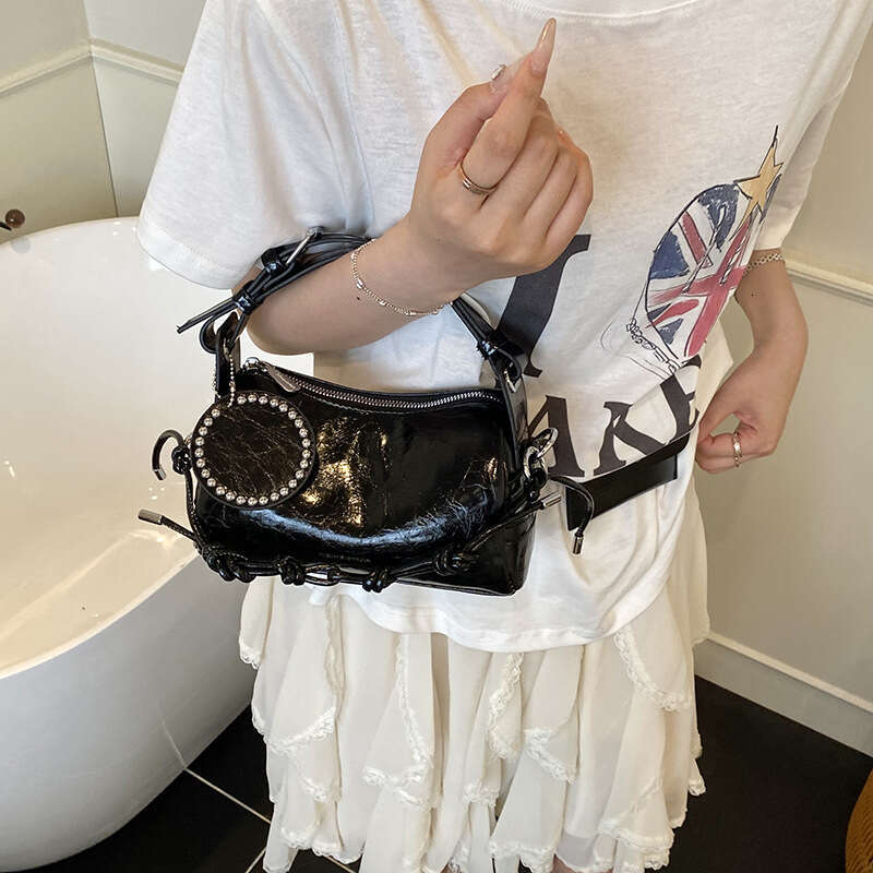 Handheld Shoulder Bag - Brown Lacquer Riveted Round Label Decorative Fashionable Small Bag Versatile, Exquisite Women's Bag for Daily Outing